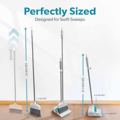 Stand-Up Broom and Dustpan Combo Set with Self-Cleaning Teeth, Space-Saving