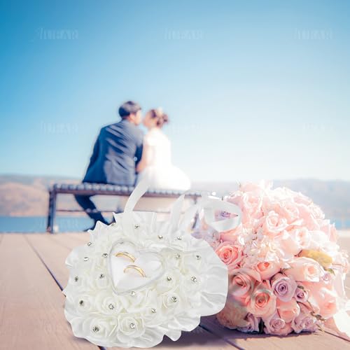 Heart Shaped Wedding Ring Pillow with Lace, Roses, and Rhinestones