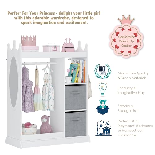 UTEX Kids Dress Up Storage with Crown Design & 2 Fabric Bins - White