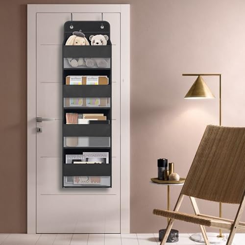 Over the Door Organizer with 4 Large Clear Pockets - Black Hanging Storage