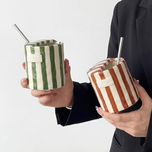 Ferrochef 10oz Ceramic Coffee Mug Set with Sip Hole - Green & Brown, 2 Pack