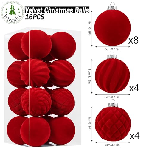 Wironlst 16ct Velvet Christmas Ornaments Set - 3.15" Flocked Matte Red Shatterproof Balls