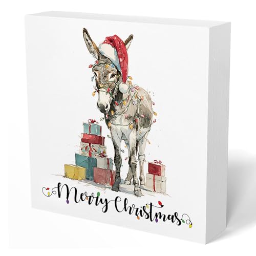 BNHJKFQZ Donkey Christmas Decor Watercolor Sign - Merry Christmas Wooden Box Sign - 5x5 Inch - Christmas-10