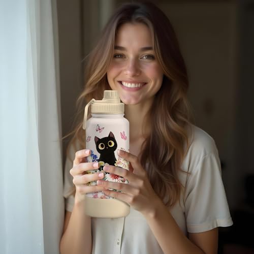 Xiiai Black Cat Water Bottle 34oz with Floral Design for Cat Lovers - Variation Cat-Flower1