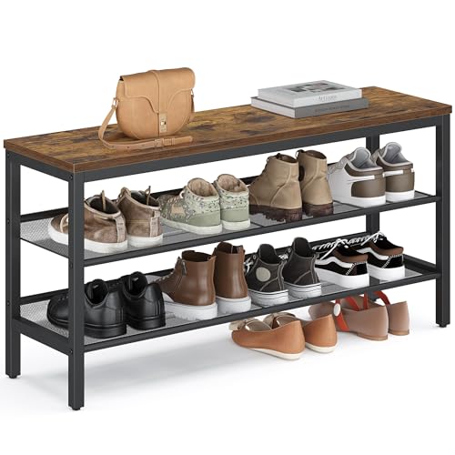 3-Tier Industrial Shoe Bench with Storage Shelves - Rustic Brown