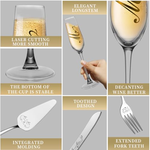 Mr and Mrs Champagne Flutes & Wedding Cake Knife Set (Gold, 4 Pieces) - Bltnever