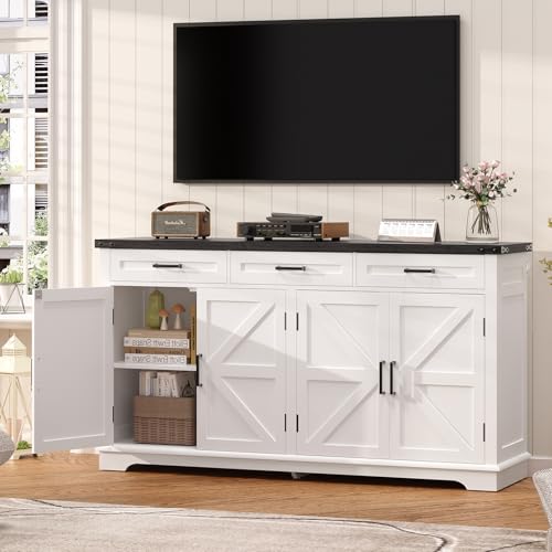 Large Farmhouse Sideboard Buffet Cabinet with 4 Doors and 3 Drawers, White