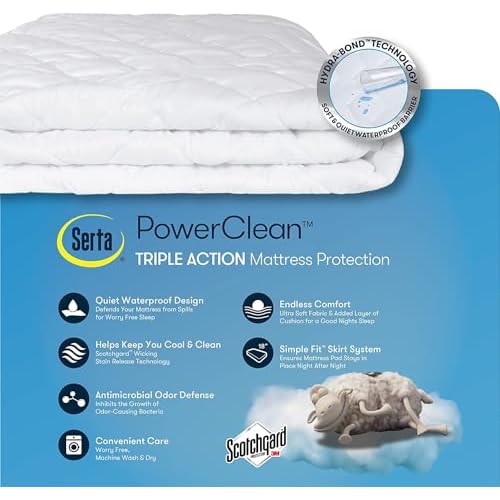 SERTA Power Clean Triple Action Quilted Soft Waterproof Mattress Pad Protector, Moisture Wicking Protection with 15" Deep Pocket, Queen, White