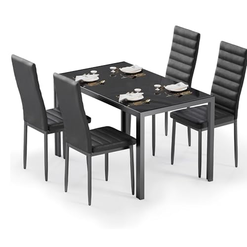5-Piece Tempered Glass Dining Table Set for 4 with Leather Chairs