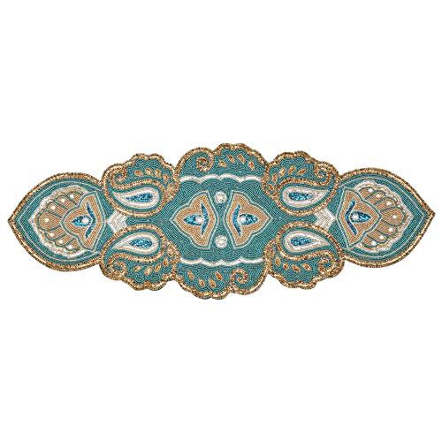Lightnpro Teal Gold Beaded Paisley Table Runner 13x36 Christmas Decor