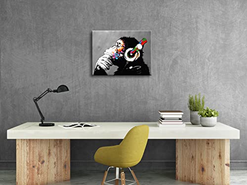 Monkey with Headphones Pop Art Canvas Print - 12x16 Inch Stretched Wall Art