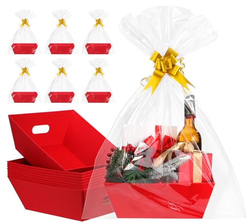 Red Gift Basket Set 10 Pack - Thick Kraft, Includes Bows & Bags