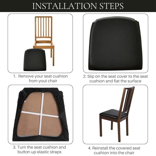 Waterproof PU Leather Dining Chair Seat Covers, 4 Pack - Black