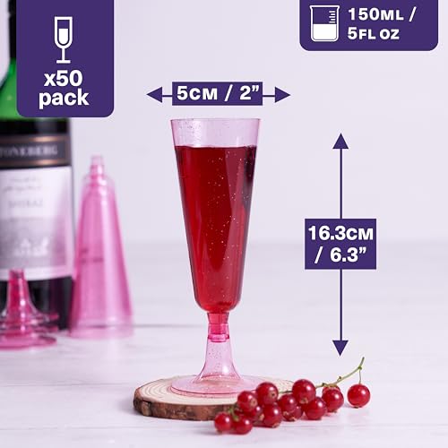 MATANA 50 Pack Pink Glitter Plastic Champagne Flutes 5 oz Disposable & Reusable