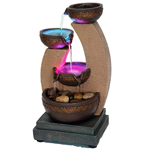11-Inch Golden Tiered Bowl Tabletop Fountain with Color-Changing LED Lights