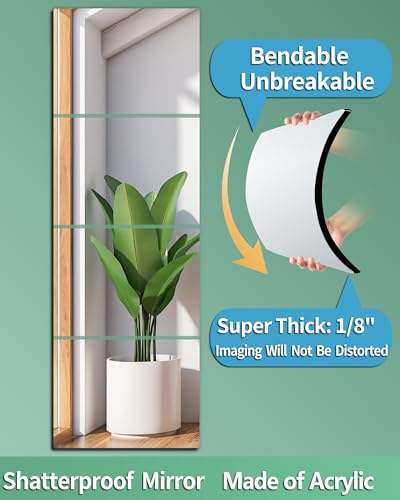Shatterproof Acrylic Wall Mirror Tiles - 4 Pack 12x12 Inch Full Length Set