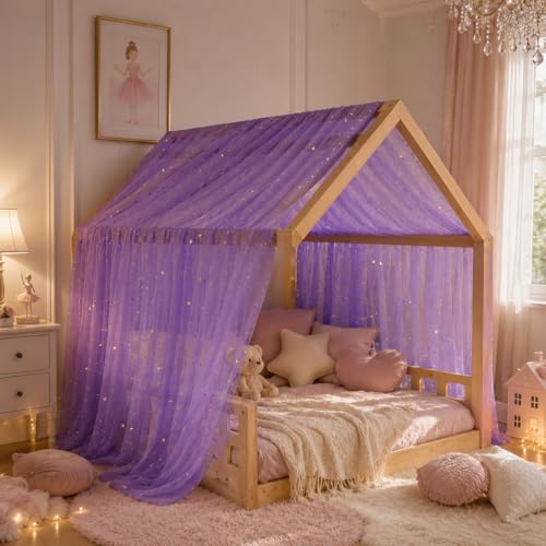 Purple Star Moon Bed Canopy for Kids Room, Sheer Tulle Drape 60x158 Inches
