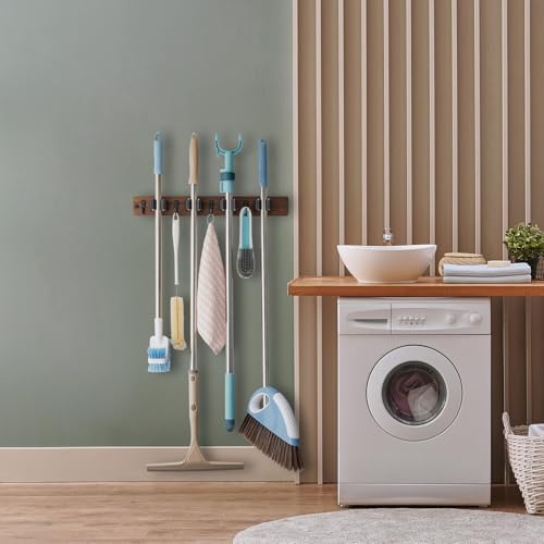 Rustic Wood Mop and Broom Holder Wall Mount with 4 Slots and 4 Hooks
