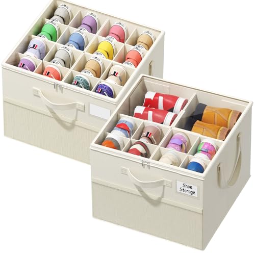 2-Pack Foldable Shoe Storage Box with Adjustable Dividers & Clear Lid