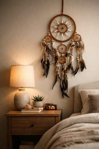 Brown Suede Dream Catcher - 28-Inch Handcrafted Wall Hanging with Feathers