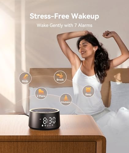 White Noise Machine Alarm Clock for Sleep - 25 Soothing Sounds & Dimmable Display