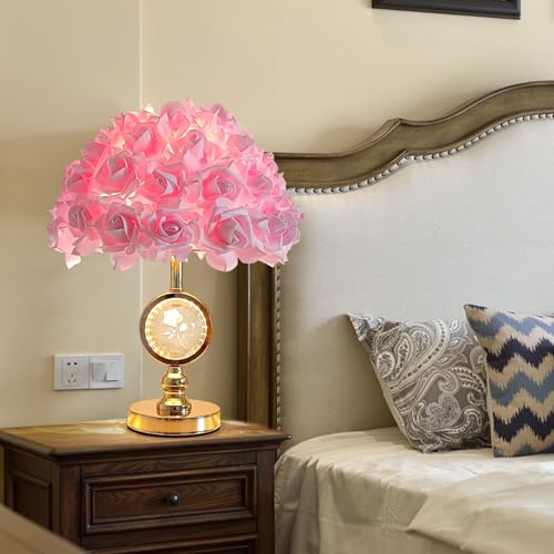 Pink Rose Flower Lamp with Crystal Ball - Modern Bedside Table Light for Girl Bedroom Decor