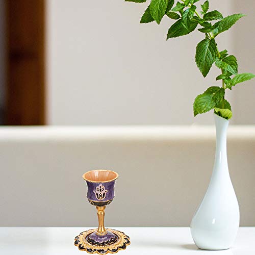 5-Inch Hand-Painted Enamel Kiddush Cup Set with Tray and Hamsa Design