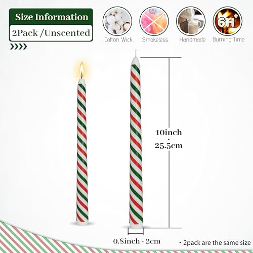 Christmas Printed Taper Candles 10 Inch, Unscented 2 Pack – Red & Green Stripes with Trees & Santas (Variation: Christmas-Red and Green Stripes / 10 INCH)