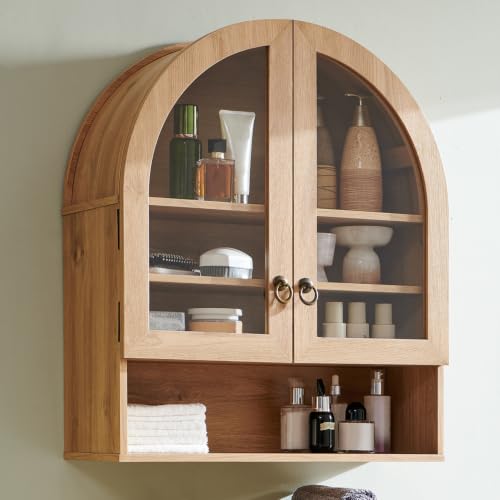 24-Inch Arched Bathroom Wall Cabinet with Adjustable Shelves, Natural Oak