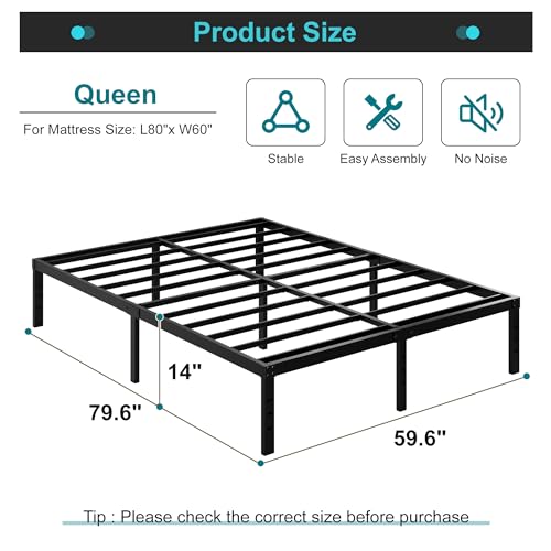 Heavy Duty Queen Bed Frame 14-Inch Metal Platform with Under Bed Storage
