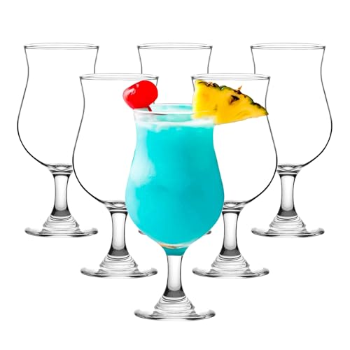 Binsakao Style A Hurricane Glass Set of 6 - 13 Oz Tall Cocktail Glasses for Mojito, Margarita, Sangria & Pina Colada