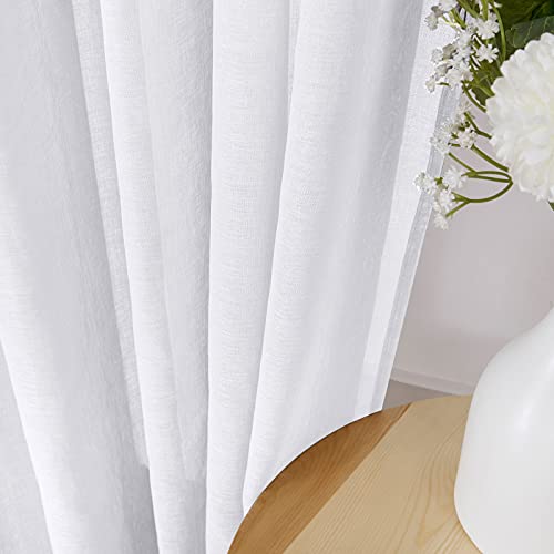 White Linen Textured Short Sheer Curtains - Light Filtering (54 x 45 in, Set of 2)