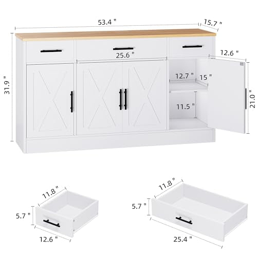 Farmhouse Wood Buffet Sideboard Cabinet with 3 Drawers & 4 Doors, 53.4"