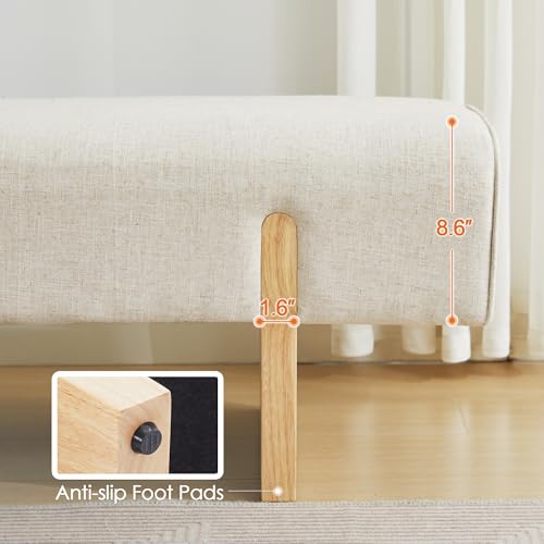 55-Inch Upholstered Bench with Solid Wood Legs, Beige Linen Bedroom Bench