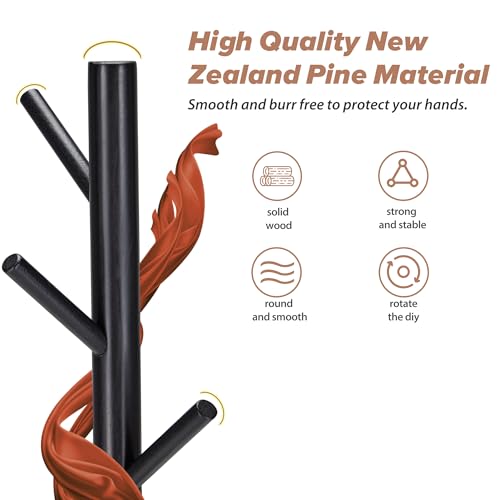8-Hook Freestanding Coat Rack, Adjustable Height Solid Wood Coat Tree