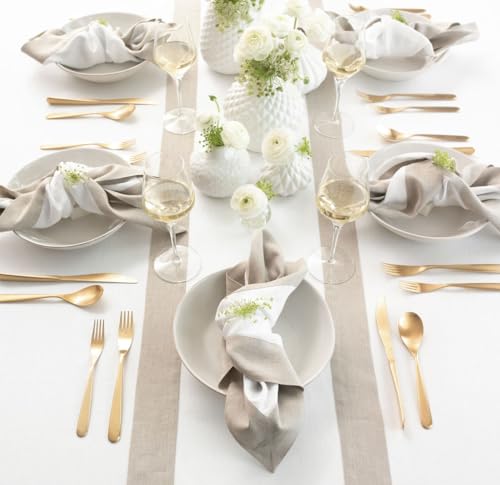 Linen Table Runner 14x90 Natural and White Border - Handcrafted Elegant Dining Decor