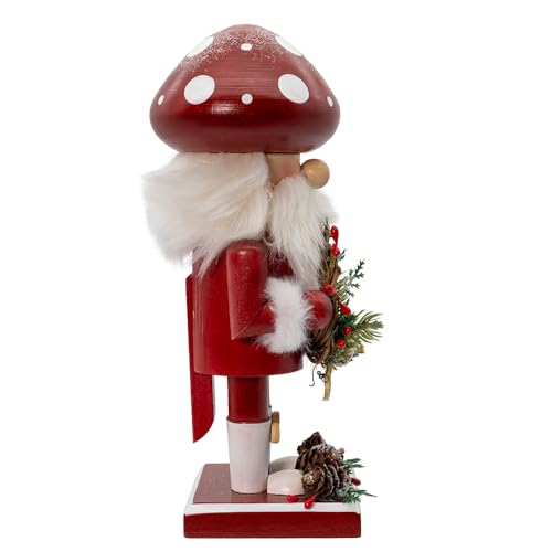 Wooden Santa Nutcracker with Mushroom Topper - 9-inch Holiday Decor