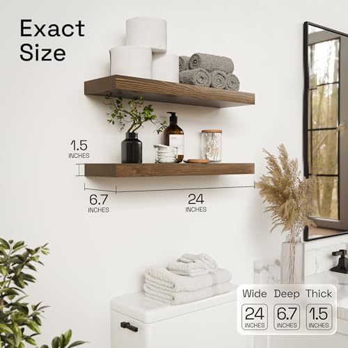 24-Inch Solid Wood Floating Shelves - Set of 2, Rustic Walnut Wall Shelves