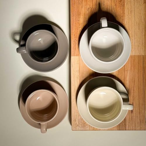 MORA Assorted Neutrals 8oz Ceramic Cappuccino Mug Set of 4 with Saucers – Microwave & Dishwasher Safe Coffee & Tea Cups