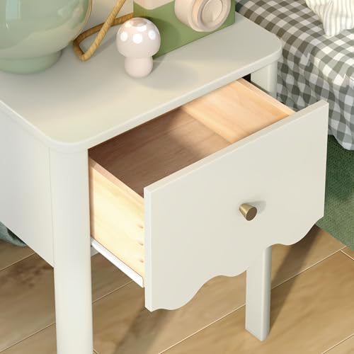 Solid Wood Kids Nightstand with Drawer, Wavy Trim - Linen White