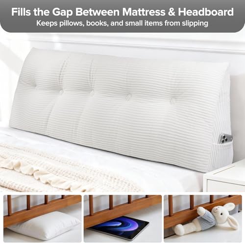Queen Wedge Headboard Pillow - Triangular Bed Backrest with Pockets