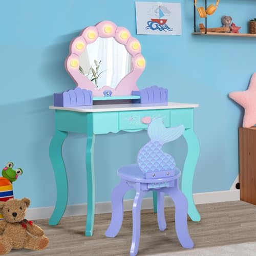 Kids Vanity Table and Chair Set with Lighted Mirror - Ocean Theme