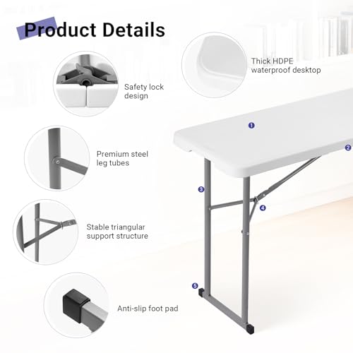 6ft Narrow Folding Table, Portable Heavy Duty Plastic Utility Table