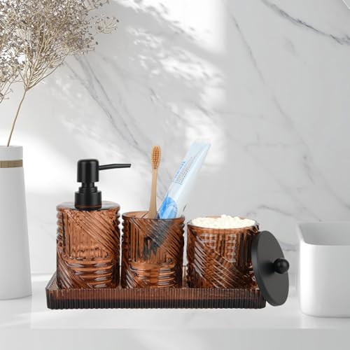 4-Piece Amber Glass Bathroom Accessory Set with Vanity Tray and Soap Dispenser