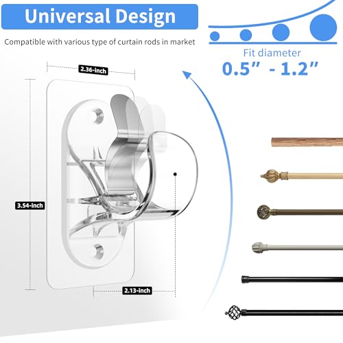 No-Drill Adhesive Curtain Rod Holders (6 Pack) - Fits 0.5" to 1.2" Rods