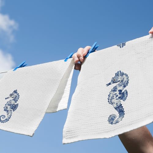 Summer22 Coastal Seahorse Kitchen Dish Towels Set of 2 - Blue & White Chinoiserie Decor
