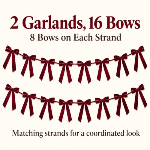 GAJILON 2 Pack Flocked Christmas Tree Bow Garlands - Wine Red