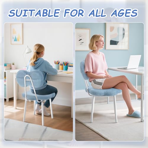 Bow Backrest Vanity Chair, Teddy Fleece Reading Seat for Bedroom, Blue