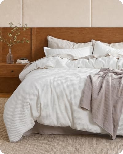 100% Cotton Waffle Duvet Cover Set - 3 Piece Queen Bedding, White