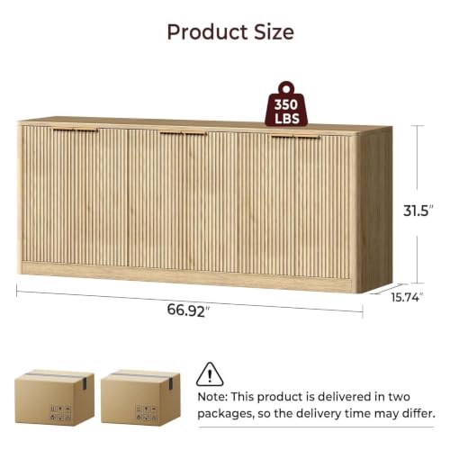 67-Inch Fluted Oak Buffet Cabinet - 6-Door Wood Sideboard Credenza